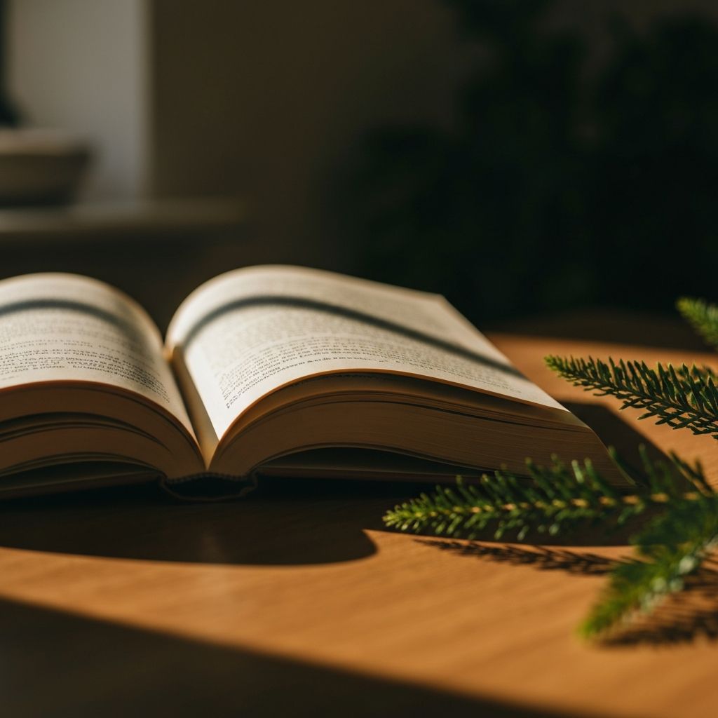 Nyitott könyv természetes fényben egy fa asztalon, oldalt zöld növényi részlet látható, meleg borostyánsárga és mélyzöld tónusok, elmélkedő és nyugodt tanulmányi légkör