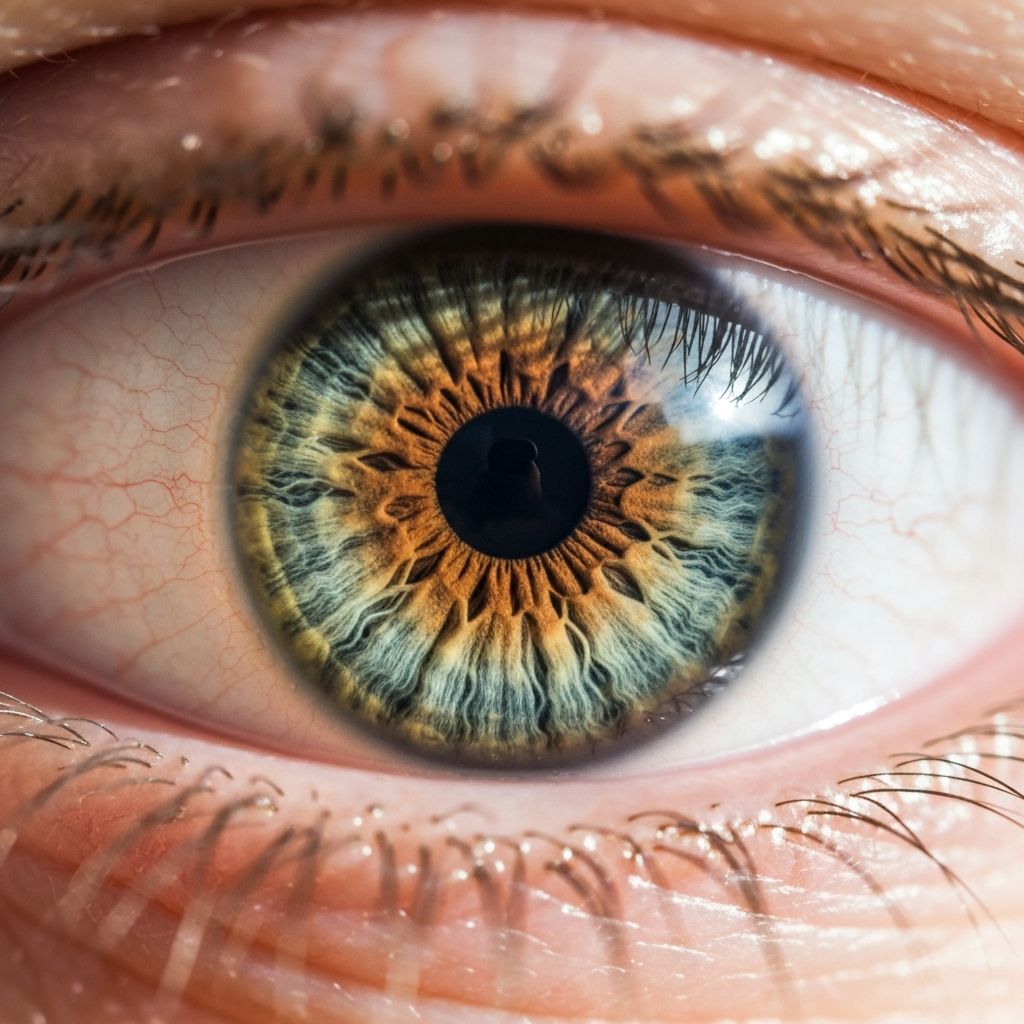 Emberi szem közeli makrofotója természetes fényben, az írisz részletes szöveti mintázatával, tudományos és esztétikus megközelítés, mély barnás és zöldes tónusokban