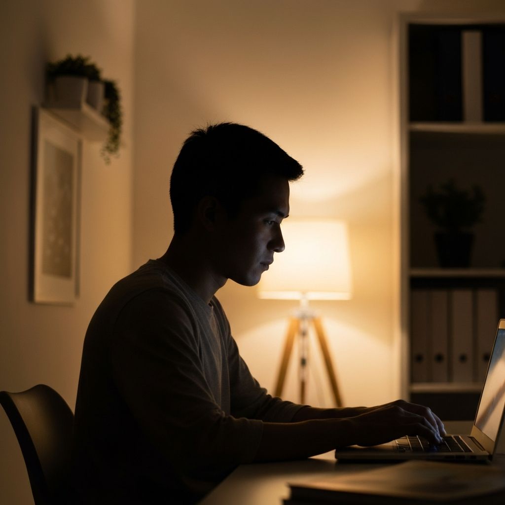 Laptop képernyő előtt ülő személy sziluettje gyengén megvilágított szobában, az arc fénye a kijelzőtől, meditív hangulat, modern otthoni munkakörnyezet