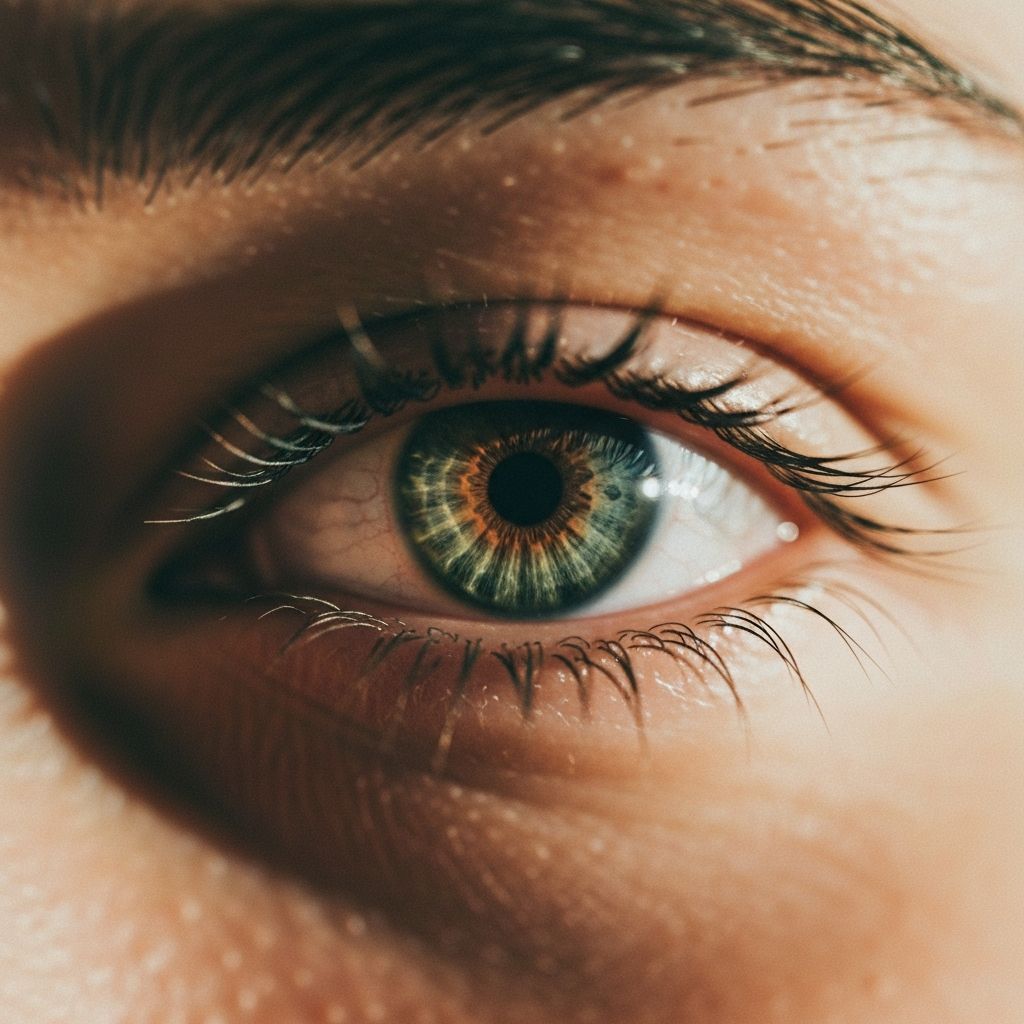 Természetes fénnyel megvilágított, nyugodt emberi szem közelkép, puha fókusszal, mély zöld és meleg tónusokban, meditív hangulatot árasztva