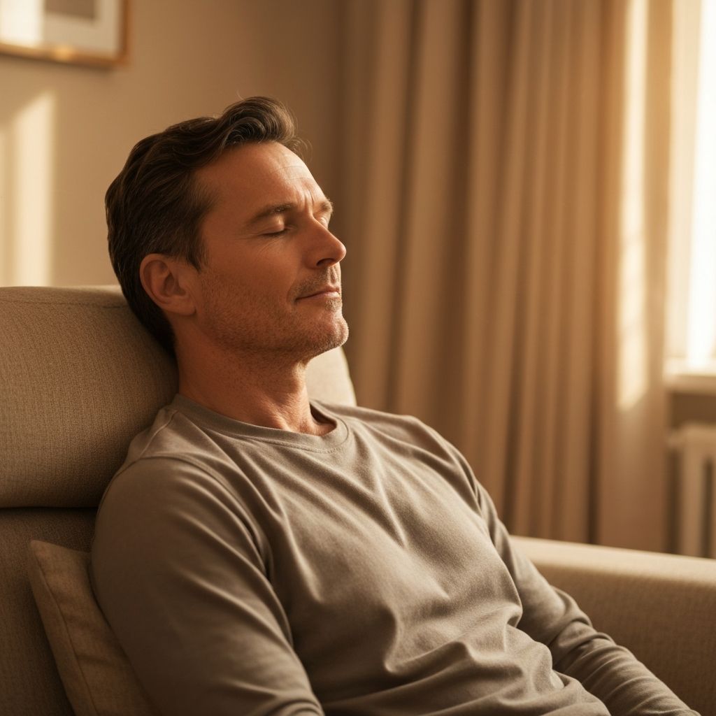 Csukott szemű, kényelmes testtartásban pihenő személy lágy természetes fénnyel, meleg tónusú semleges belső tér, elmélkedő, nyugodt hangulat