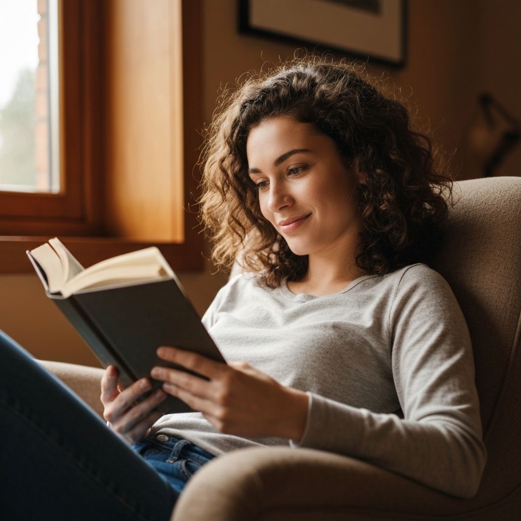 Könyvet olvasó fiatal nő természetes ablakfénynél, relaxált testtartással, lágy fókusszal, meleg otthoni környezetben, semleges tónusokban
