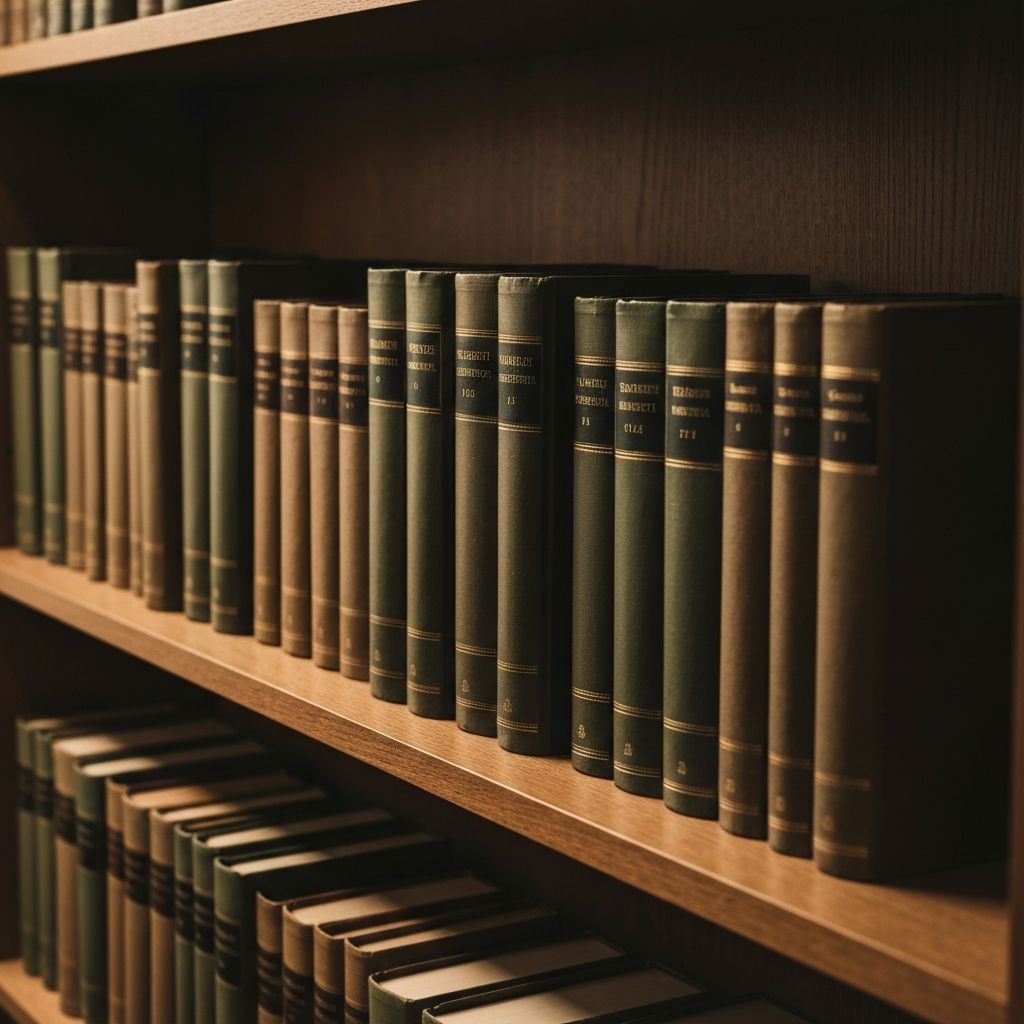 Könyvek sorban egy polcon természetes fény árnyékával, tudást és kutatást szimbolizáló csendélet, meleg barnás és zöldes tónusokban, múzeumi jelleg